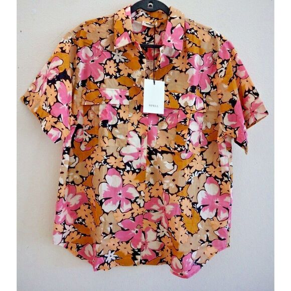 Spell 224155B-CAR Women's Sz M Caramel/Pink Floral Aloha Button-Down Shirt - Picture 1 of 14